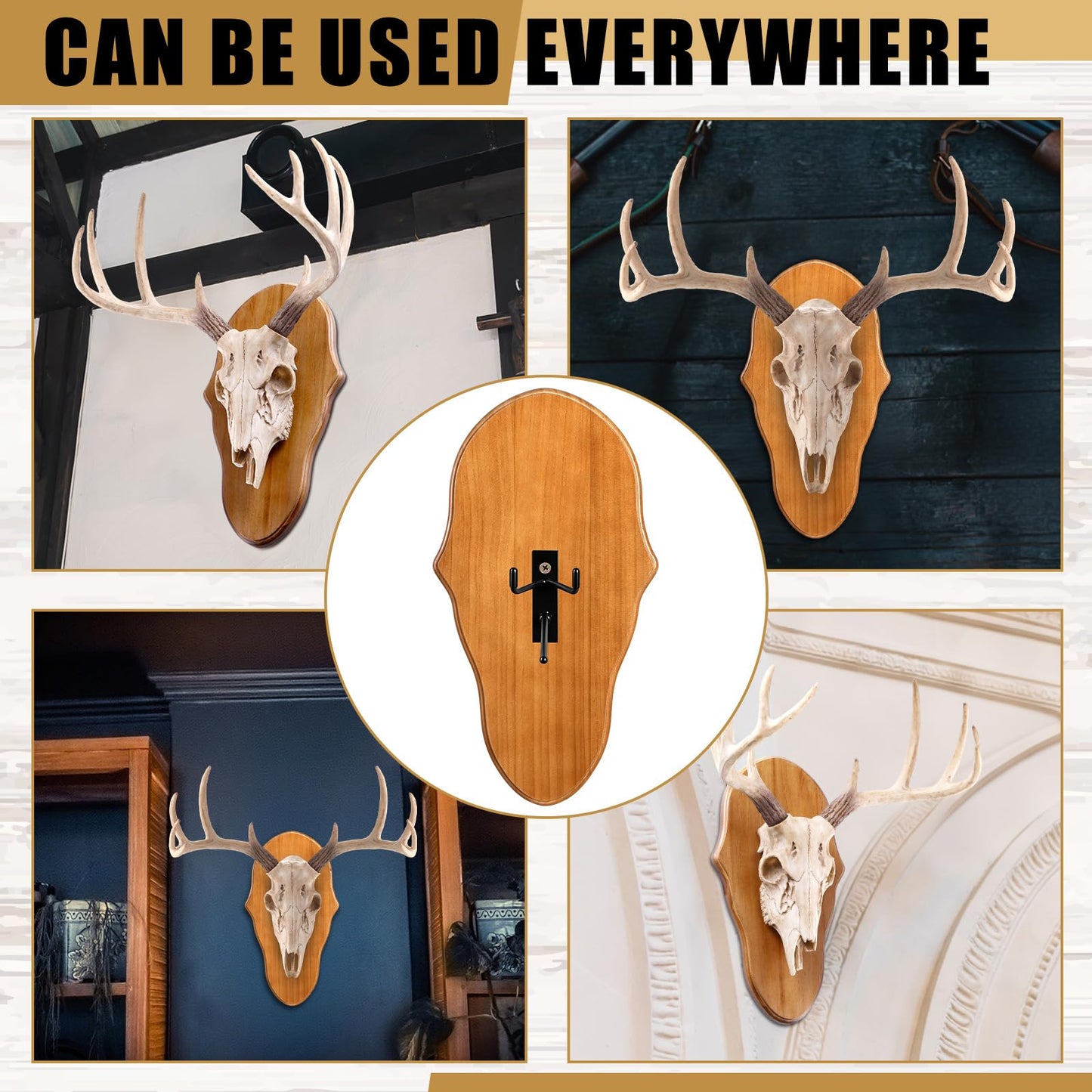 AceOrbit 3 Pcs Deer Skull Mount Plate Plaques Wood European Deer Head Mount Plaque European Mounting Skull Hanger Plate with Mounting Hardware (Stylish)