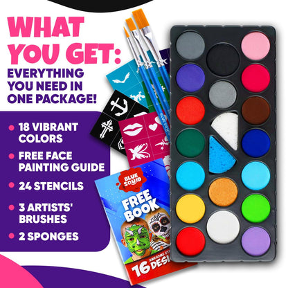 Blue Squid Face Painting Kit for Kids – 18 Colors Kids Face Paint Kit Palette with Stencils & Guided Tutorial, Water Activated Non Toxic Washable Professional Facepaint body set Halloween Party Makeup