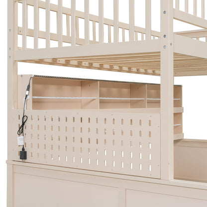 Merax Twin XL Over Queen Wood Bunk Bed Frame with Integrated Side Storage Shelves and Anti Falling Rope, Color-Changing Lights, Pegboard, Safe Guardrail and Ladder, for Teens, Adults, Guests (Beige)