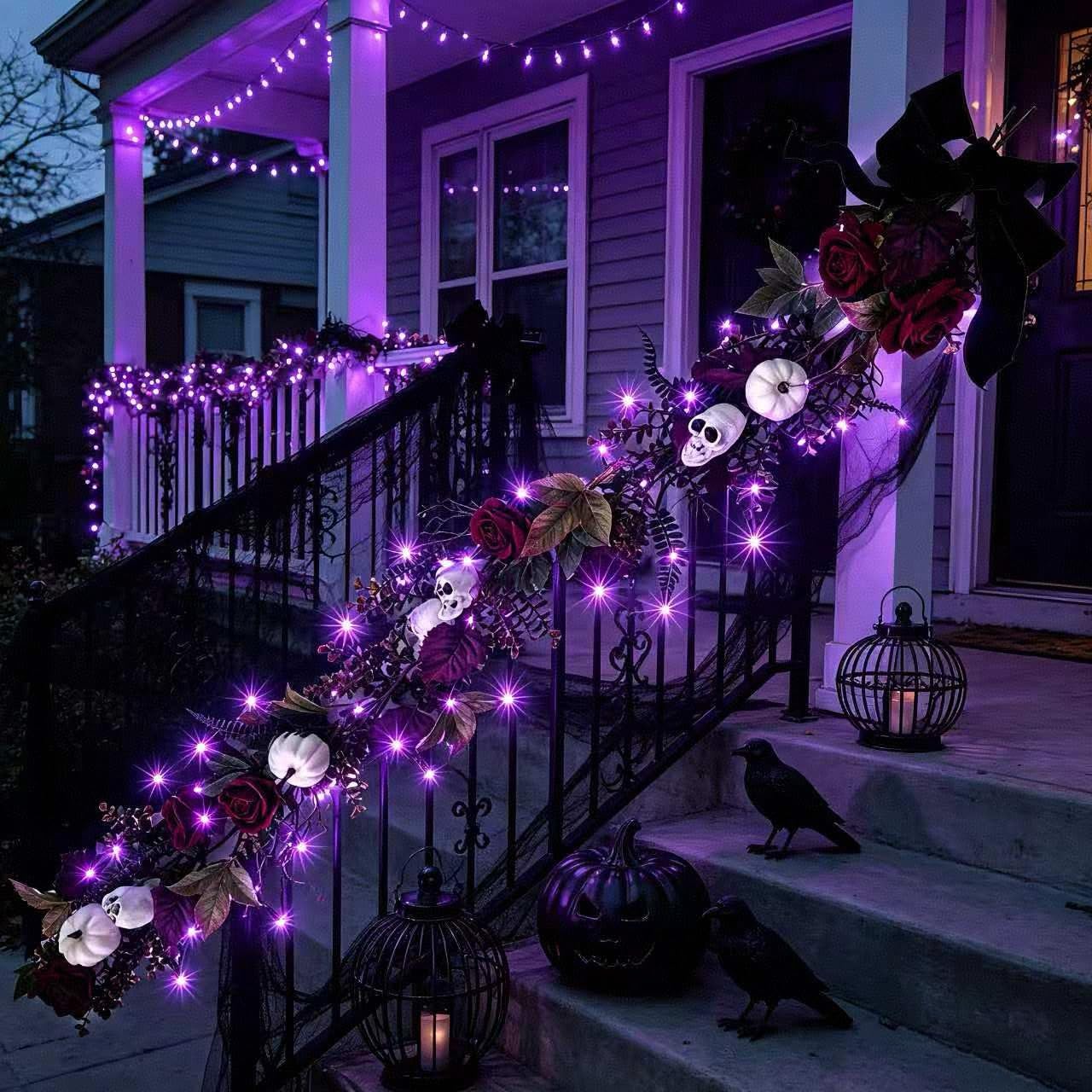 HipTree 6ft Gothic Halloween Garland with Lights, Spooky Eucalyptus Fall Decor with Skulls, Burgundy Roses & White Pumpkins, Battery Timer for Mantle Fireplace Staircase Indoor Outdoor Harvest