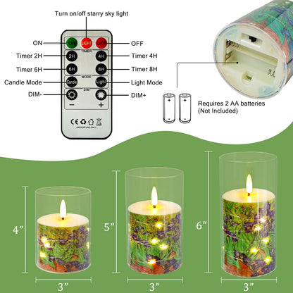 NjaoHoo Flickering Flameless Candles, Recessed String Light LED Candles Acrylic Battery Operated LED Pillar Candles with Remote Van Gogh Art Painting Style for Home Decor Set of 3((Irises Printed)