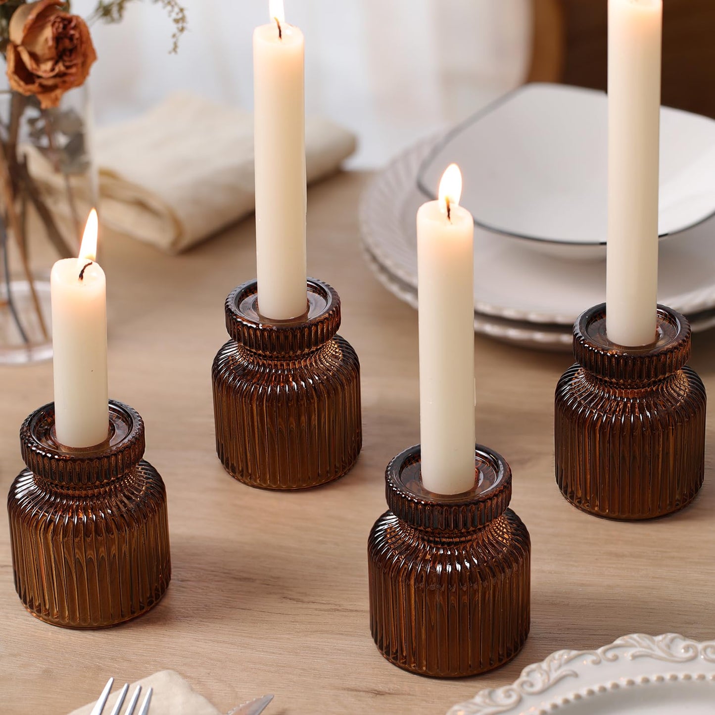 DARJEN 12 Pcs Glass Candlestick Holders- Amber Taper Candlestick Holders Tealight Votive Candle Holders for Table Centerpieces, Wedding, Dinner Party, Home Decor