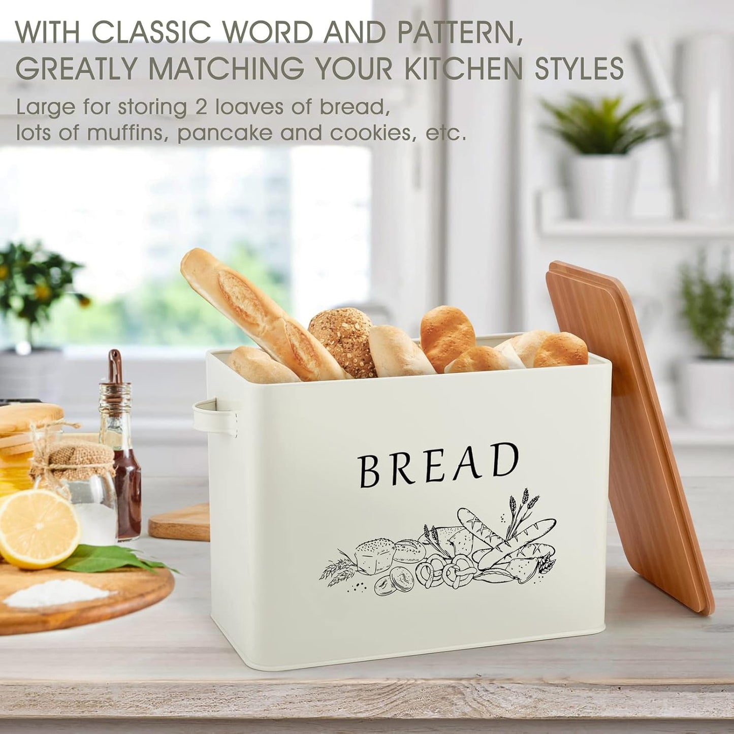 13.1 7.2 9.7 Countertop, TeamFar Bread Box with Wooden Lid, x x Bread Container Storage Holder for Family Farmhouse