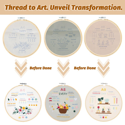 HuvRsu Embroidery Kit for Beginners, 3 Pack Starter Kit with Hoops, Colorful Threads, Pre-Printed Floral and Fruit Patterns, Full Tools and Instructions - DIY Craft Gift for Women Teens