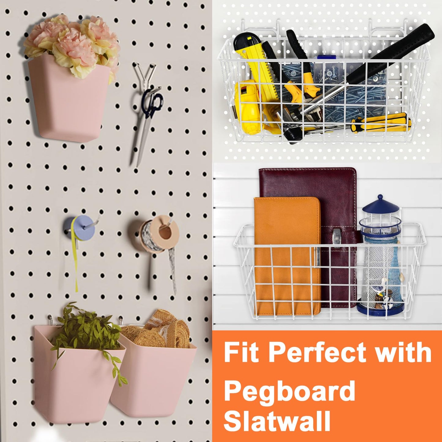 Pegboard Basket Organizers, Peg Board Large Baskets Hooks Bins Cups Tool Organizer 6 Pack Set, Wall Storage Display Hanging Accessories for Craft Office Stadio Shed Garage Organization (White & Pink)
