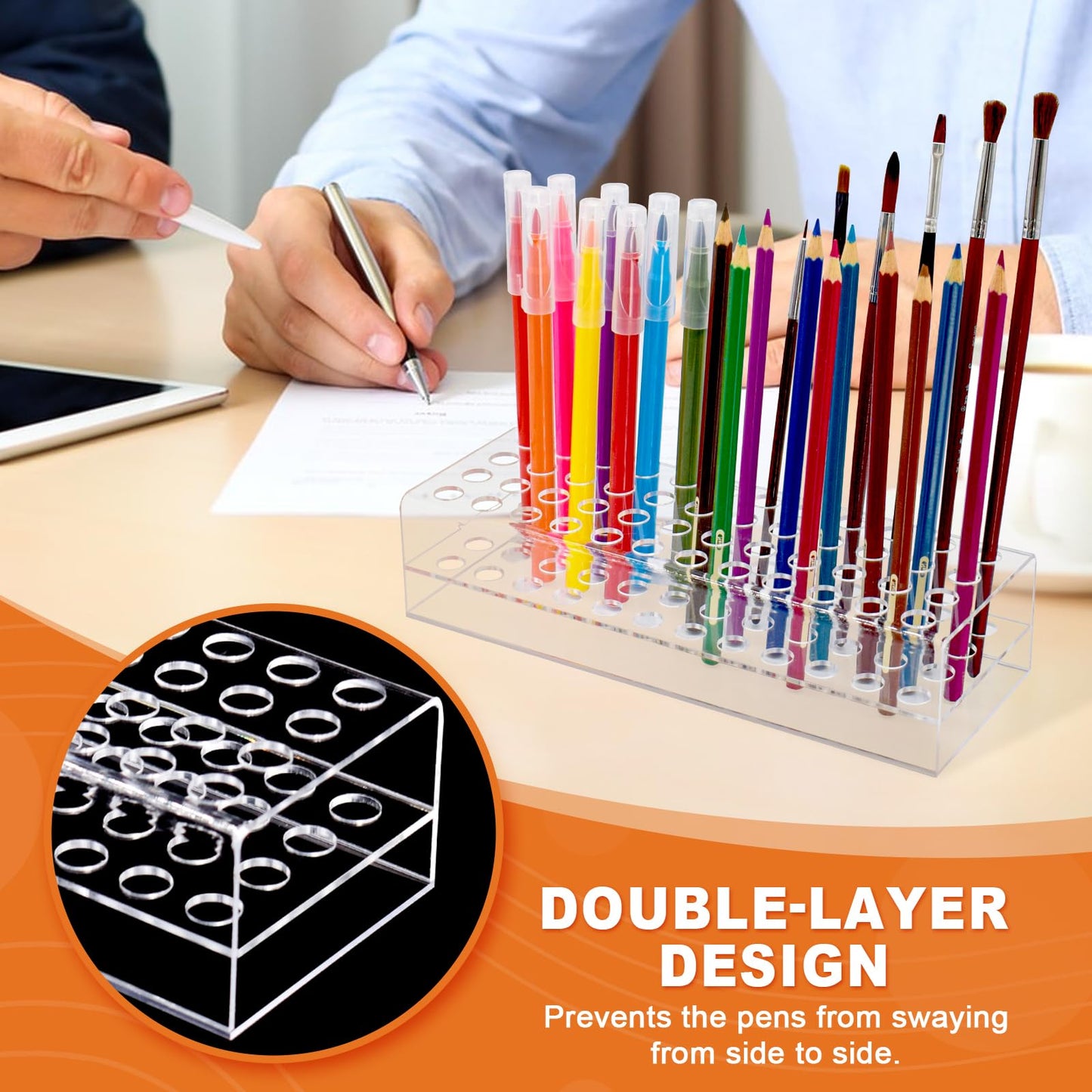 HESHUYU Acrylic Pen Display Holder - 48-Slots 12mm Stand for Art Paint Brush, Makeup Brush - Clear Pencil Display Rack for Desk