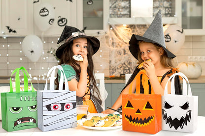 Jaywayang 16Pcs Halloween Trick or Treat Tote Bags with Handles ， Reusable Non-Woven Ghost Face Gift Bags for Adults Kids Gifts Wrapping, Party Supplies.