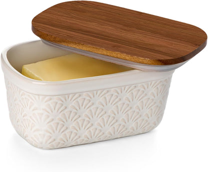 Countertop, Nucookery Ceramic Butter Dish, Embossed Butter Keeper with Wood Lid for Butter Holder and Container