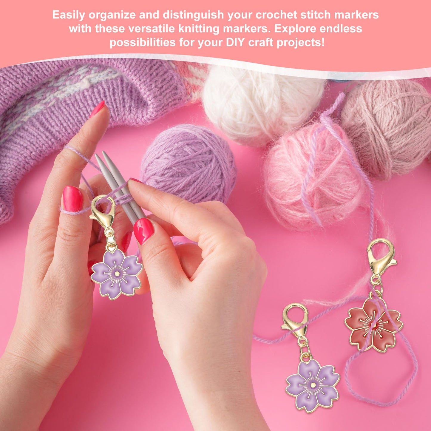 PATIKIL Flower Crochet Stitch Markers, 50 Pack 1.4" Metal Knitting Markers Cherry Blossom Removable Lobster Clasp Charm Locking Cute Stitch Marker for Sewing Crocheting DIY Craft, Purple