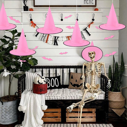 Coneatness 12 PCS Witch Hats with Hanging Rope, 16 PCS 3D Bats Stickers for Halloween Indoor Outdoor Yard Decor, Pink Party Decorations, Wizard Costume for Women