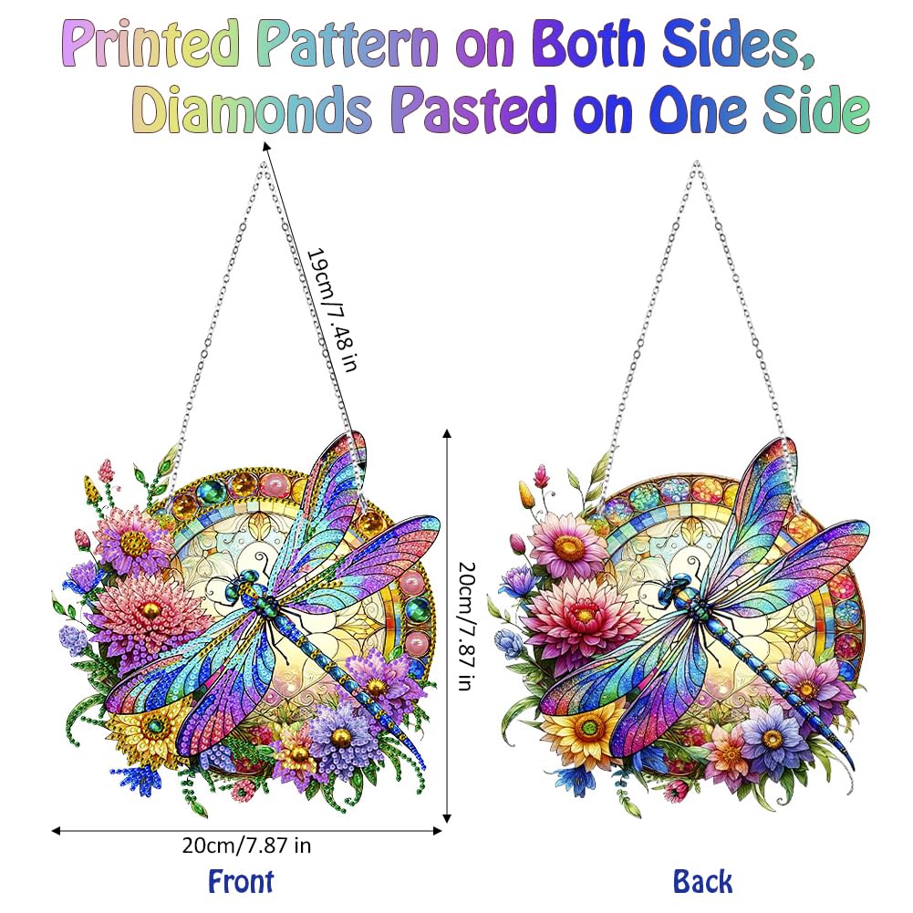 Koikify Diamond Painting Hanging Pendant Kit for Adults, Flower & Dragonfly Diamond Art Window Hanging Ornament with Double-Sided Pattern, Indoor Home Decoration and Gift