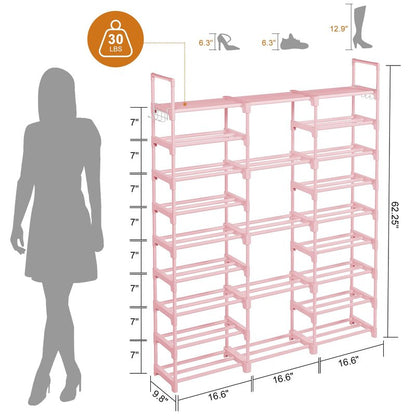 WOWLIVE 9 Tiers Shoe Rack Shoe Storage Shoe Organizer 50-55 Pairs Shoe Tower Unit Shelf Durable Metal Pipes with Plastic Connectors Stackable Cabinet Pink
