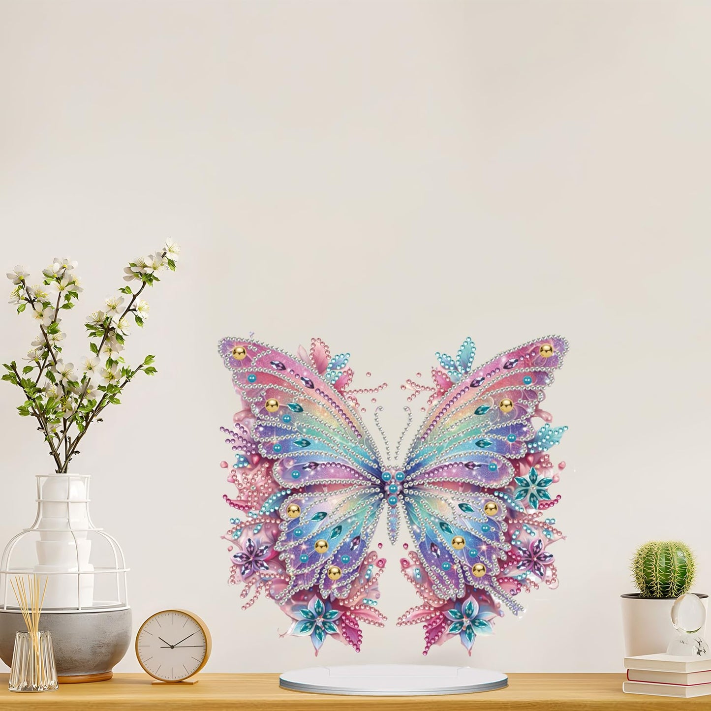 ACSAUMMY 5D Diamond Art Kits for Adults, Diamond Art Painting Desktop DIY Diamond Art Tabletop Pink Butterfly Diamond Arts and Crafts for Kids Adults Stand Up Gem Painting Kit for Decoration
