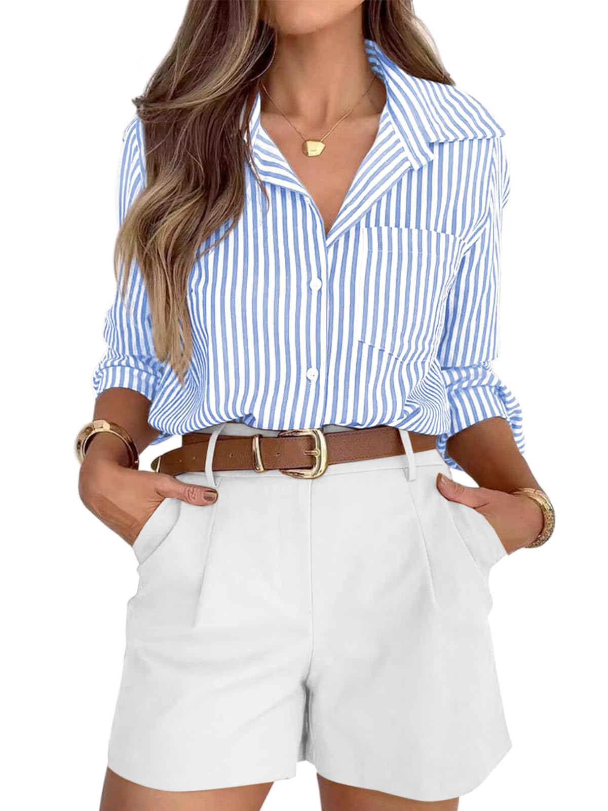 siliteelon Striped Button Down Shirts for Women Dress Shirts Long Sleeve Casual Collared Office Work Shirt with Pocket