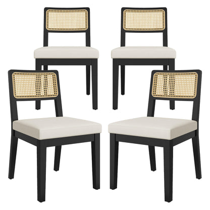 Garvee Rattan Dining Chairs Set of 4, French Country Upholstered Dining Chairs Wood Frame, Rattan Backrest, Armless Chair for Kitchen Restaurant Dining Room Bedroom, Linen, Black