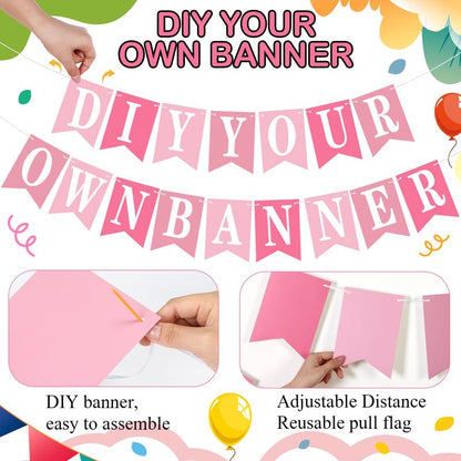 Mooliwe 171 Pcs DIY Custom Banner Kit Make Your Own Customizable Sign for Birthday Wedding Party Decoration Include 20 Paper Pennant 148 Letters and Numbers 1 Rope 2 Threading Device (Pink)