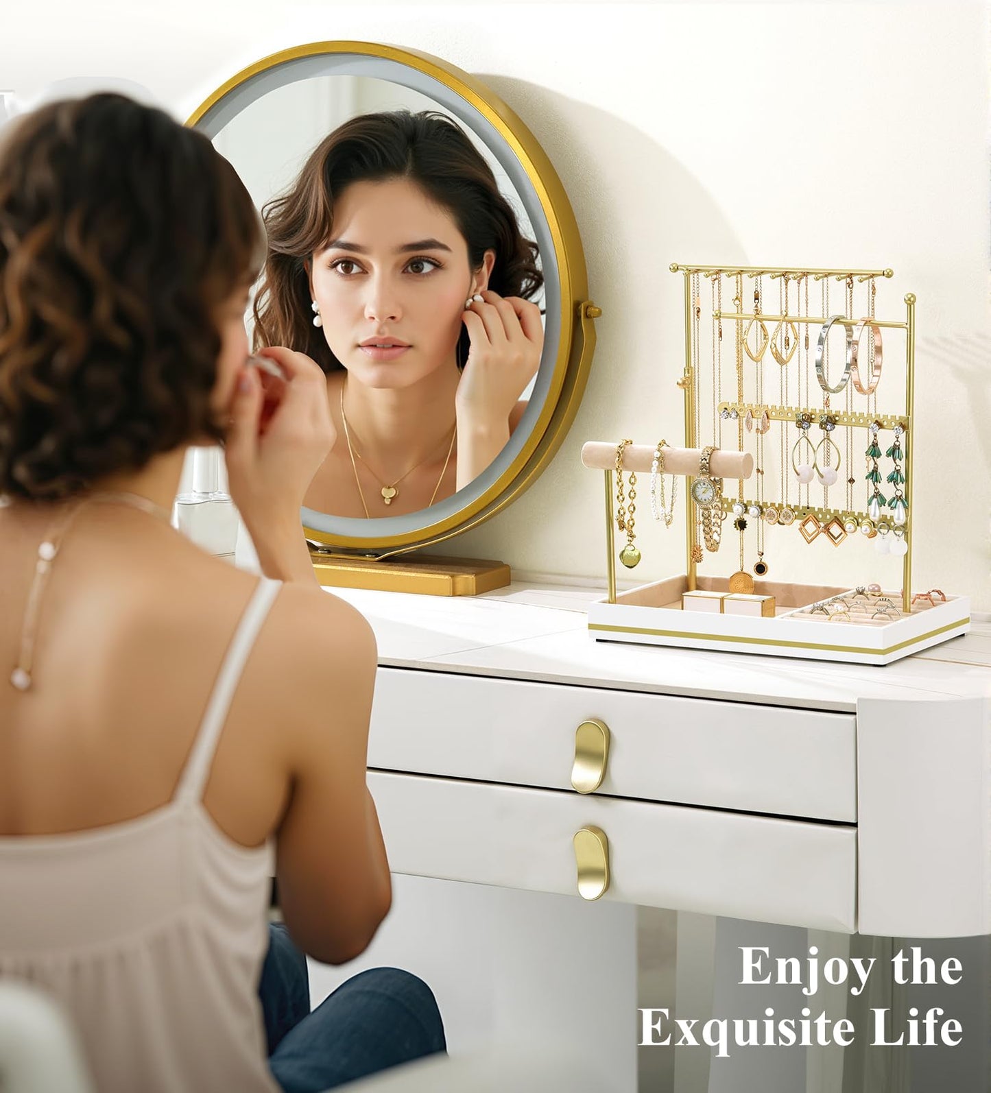 Emibele Jewelry Holder, Jewelry Organizer Stand Necklace Earrings Bracelet Holder, 5 Tier Jewelry Display Tower Rack with Metal Frame and Velvet Ring Tray, Aesthetic Jewelry Stand Gift for Women, Gold