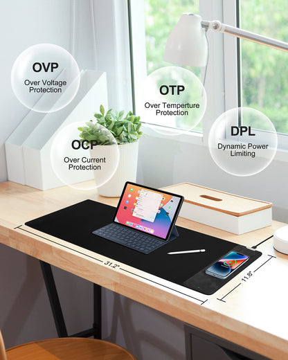 Mouse Pad with Wireless Charging, Large Desk Mat RGB Gaming Mousepad, 10 Light Colors LED Gaming Pad Keyboard Pad with Ultra-Smooth Surface & Non-Slip Rubber Base, Waterproof Full Desk Mouse Pad