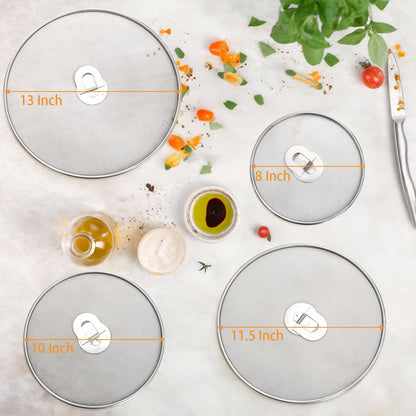 Nicunom 4 Pack Splatter Screen for Frying Pan, 13", 11.5", 10", 8" Stainless Steel Grease Splatter Guard with Fold Flat Knob, Kitchen Oil Splatter Guard Set for Safe Cooking