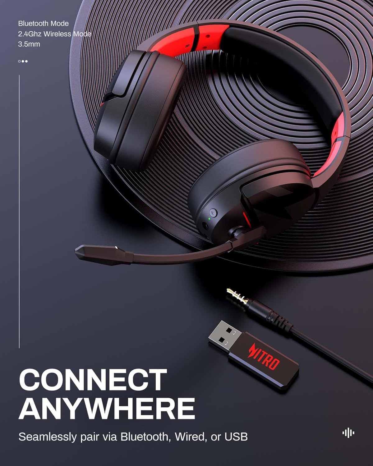 acer Wireless Gaming Headset, PS5 Headset with 2.4GHz for Ps5, Ps4, PC, Switch, Bluetooth 5.3 + 100Hrs Gaming Headphones with Noise Canceling Mic for Laptop, Mobile, Mac, 50mm Drivers (Red)