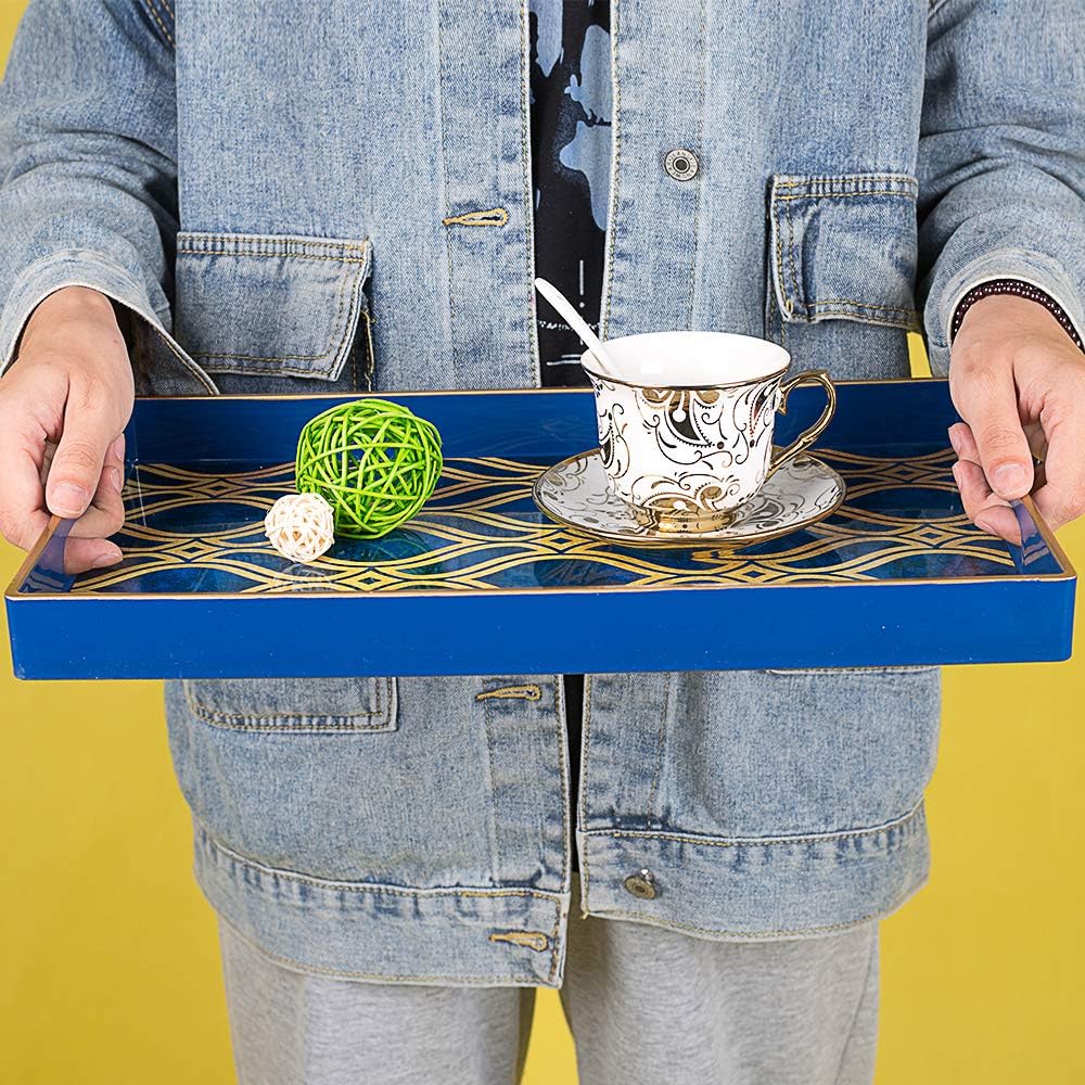 15.7" 10.2" 1.57" MAONAME Blue Decorative Tray with Handles, Plastic Serving Tray for Coffee Table, Marbling