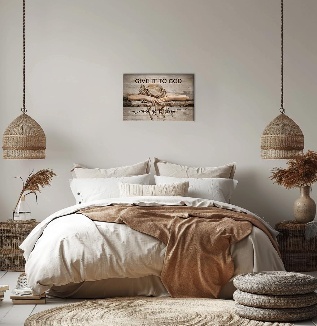 Farmhouse Bedroom Wall Art Decor, Give It to God and Go to Sleep Sign Quotes for Living Room