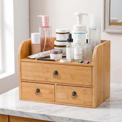 Nicunom Bamboo Desk Organizer, 3-Tier Bamboo Tabletop Storage Organization Multifunctional Desktop Organizer with Drawers for Home Office Toiletries Supplies Vanity