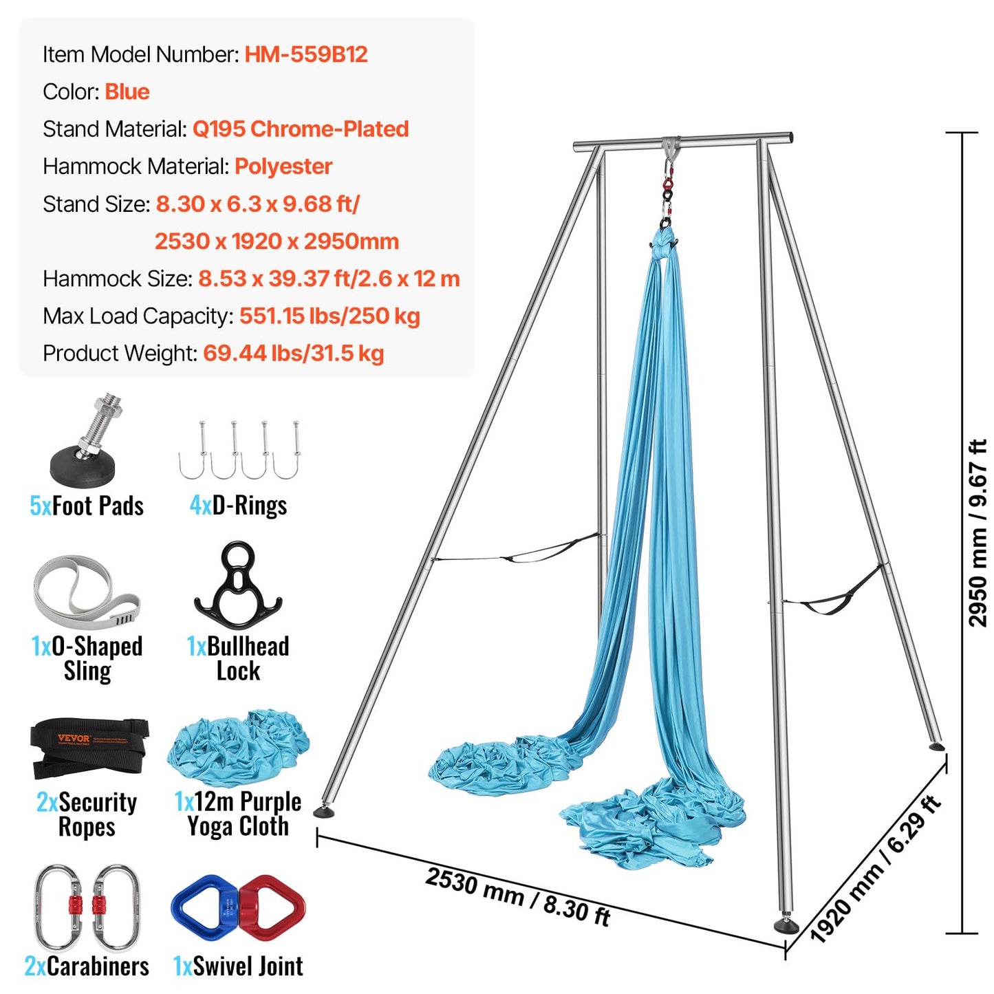 VEVOR Aerial Yoga Frame & Hammock, 551.15 lbs Load Capacity, 9.68 ft Height Professional Training Swing Stand Comes with 13.1 Yards Aerial Hammock, Yoga Rig for Indoor Outdoor, Blue