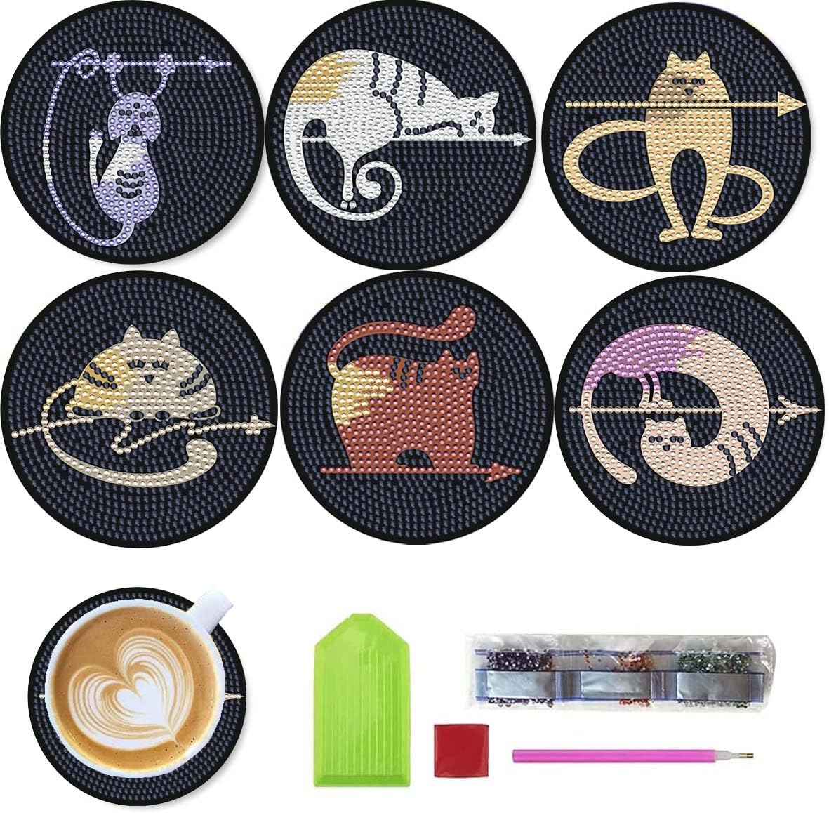 6 pcs Abstract Cat Coasters with Holder DIY Diamond Art Painting for Adults Beginners. Small Diamond Art Kits.Abstract Cat 27-6