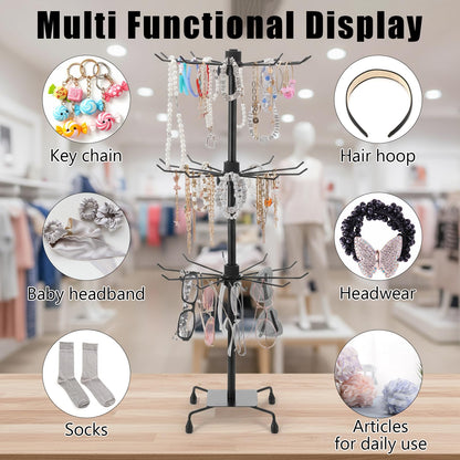 Kifmurase 3-Tier Rotating Display Stand, Matte Black Metal Jewelry Tree Stand with Hooks, Adjustable Height Retail Display Rack for Vendor Events, Craft Shows (28" H, 11.8" Dia)