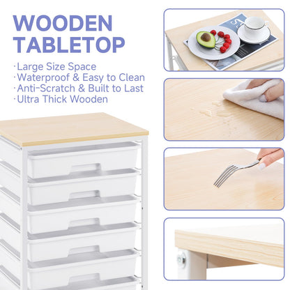 SYKIARIOL Rolling Cart with Drawers,Utility Cart with 6 Drawers,Rolling Storage Cart with Drawers and Wooden Tabletop & Lockable Wheel,White