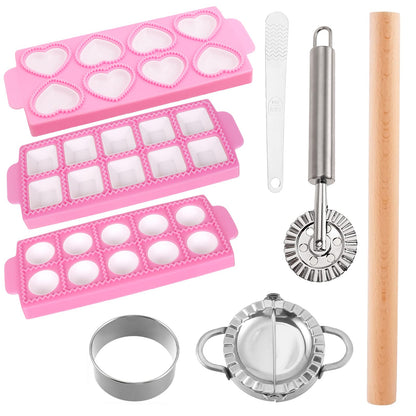 8pcs Ravioli Mold Set, 3 Rectangle Ravioli Maker Press + Dumpling/Pasta Cutter, Round Ravioli Cutter, Rolling Wheel, Dough Rolling Pin - Complete Pasta Making Tools for Ravioli Empanada