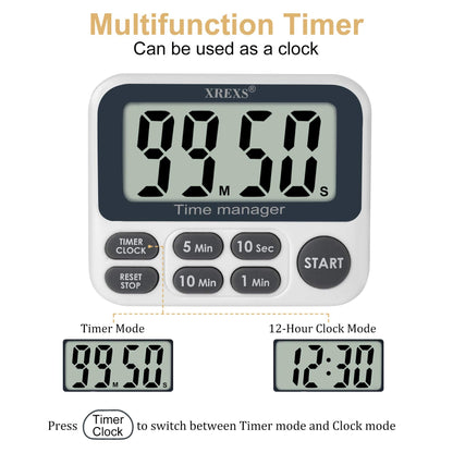 XREXS Digital Kitchen Timer, Magnetic Countdown Up Cooking Timer with Large LCD Display, Adjustable Volume, Loud Alarm & Strong Magnet for Teachers (Batteries Included)