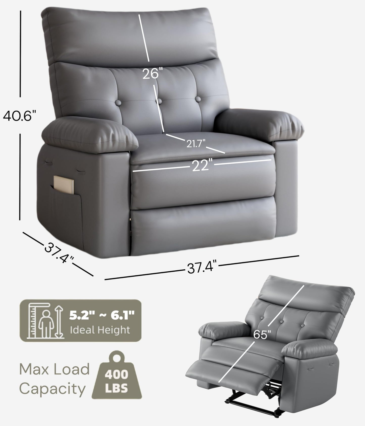 GarveeHome Recliner Chair - PU Leather Manual Recliner for Adults, Lazy Chair with 1.5X Sponge Comfort Arm and Back for Living Room, Bedroom