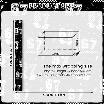 Joviwrap 6 7 Funny Number Wrapping Paper Roll, Black White Graffiti Style Wrapping Paper with Checkered Pattern, Playful Humor Design for 6 7 Fans Teens Birthday Party Supplies, 17 In x 16.4 Ft
