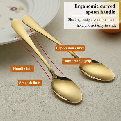Gold Stainless Steel Dinner Spoons Set of 12, Table, Soup, Dessert Spoons for Home, Kitchen, Restaurant, Dishwasher Safe