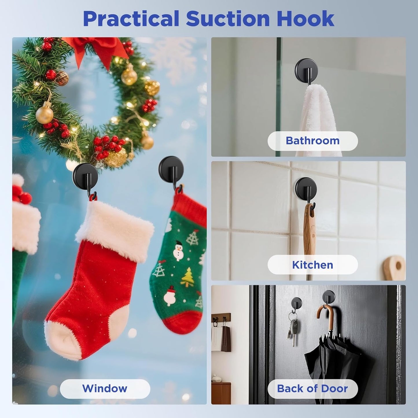 OUTXE Wreath Hanger - Upgraded Suction Cup Hook for Glass Door | 4-Pack in Black for All Seasons