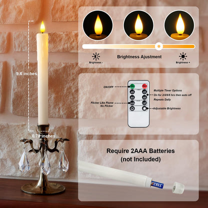 Homemory 3 Pcs Real Wax Flameless Taper Candles with Remote Timer and Dimmer, Battery Operated Candlesticks with Flickering Light, White Window Candles, 9.6 Inches for for Wedding Home Decor