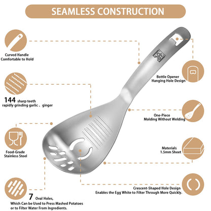 MEIYUSHENG 304 Stainless Steel Multi-Function Pasta Cooking Spoon: Comes with Potato Masher, Egg Yolk Separator, Grater Plate, Bottle Opener & Slotted Spoon