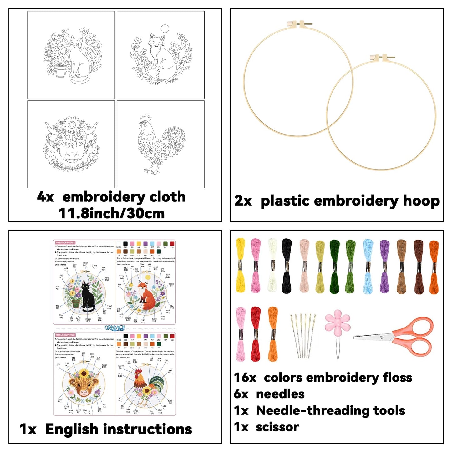 ORIGACH 4 Pcs Flower and Animal Embroidery Kit for Beginners, Stamped Design Embroidery Starter Kit Includes Cloth, Hoops, Threads & Needles