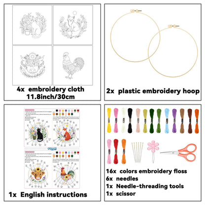 ORIGACH 4 Pcs Flower and Animal Embroidery Kit for Beginners, Stamped Design Embroidery Starter Kit Includes Cloth, Hoops, Threads & Needles