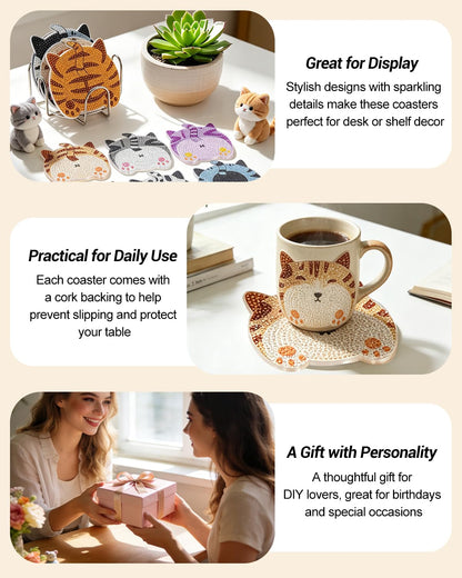 BOCACUE Cute Cat Diamond Art Coasters Kit for Adults, 10 PCS Diamond Painting Coasters with Holder, Cute Gem Painting Coasters for Desk, DIY Diamond Art Crafts, Cat Lover Gifts for Women