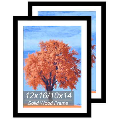 2 Pack 12x16 Picture Frame Black, Solid Wood Diamond Art Painting Frames 30x40cm, Display Pictures 10x14 with Mat or 12 x 16 Without Mat, 16x12 Frame for Photos Posters Prints Artworks, Wall Hanging