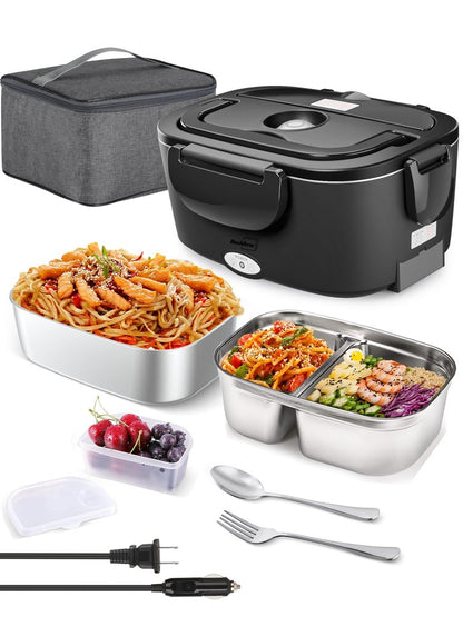 Buddew Electric Lunch Box for Adults, 80W Heated Lunch Box with Dual 1.5L Stainless Steel Portable Food Warmer,12/24/110V Lonchera Electrica Portatil for Travel&Work, Loncheras para Hombres de Trabajo