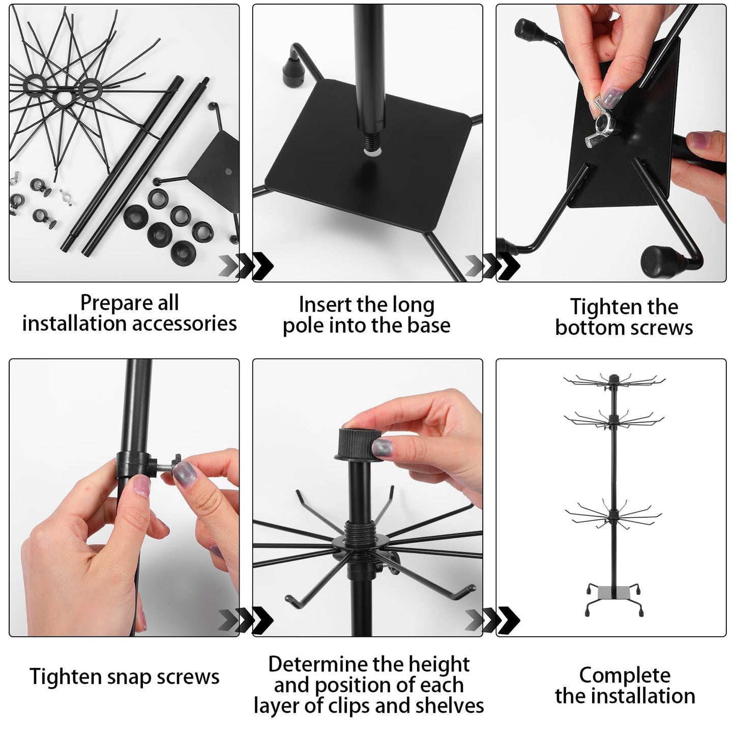 Kifmurase 3-Tier Rotating Display Stand, Matte Black Metal Jewelry Tree Stand with Hooks, Adjustable Height Retail Display Rack for Vendor Events, Craft Shows (28" H, 11.8" Dia)
