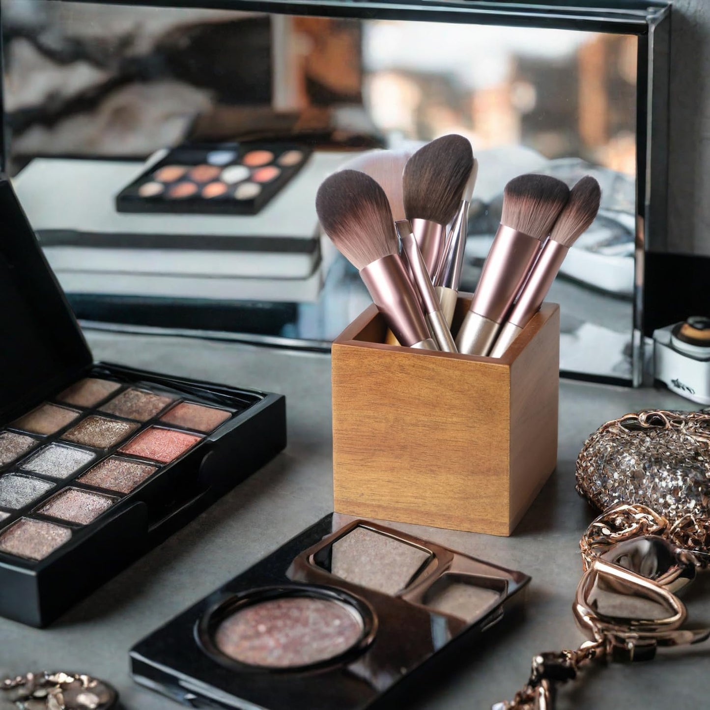 LBEMEY Acacia Wood Makeup Brush Holder Organizer for Vanity,Pen and Pencil Holder for Desk,Desktop Organizer for Store Marker, Makeup Brush, TV Remotes