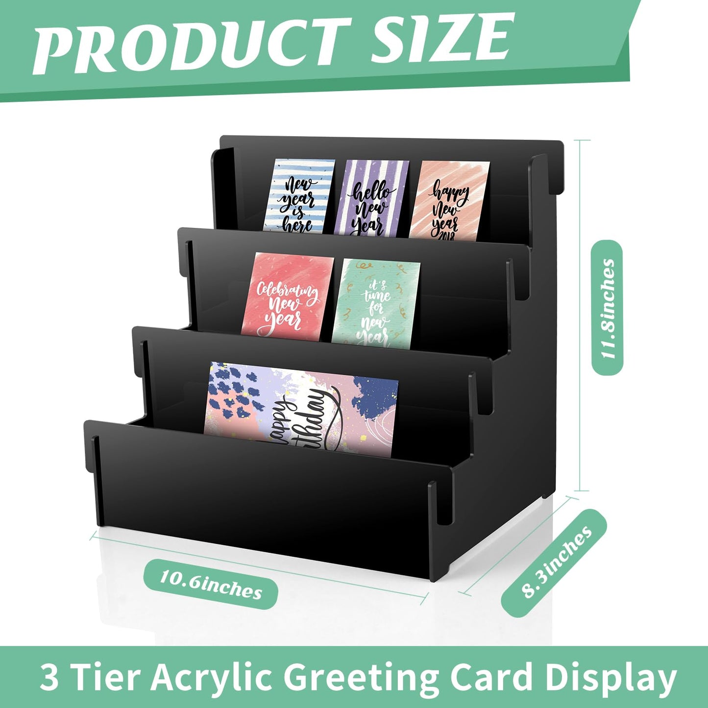 3 Tier Black Acrylic Greeting Card Display Stand Greeting Card Organizer Postcard Display Rack Sticker Display Stand Card Display Shelf Retail Display Stand for Craft Show Vendors Event Counter Table (black)