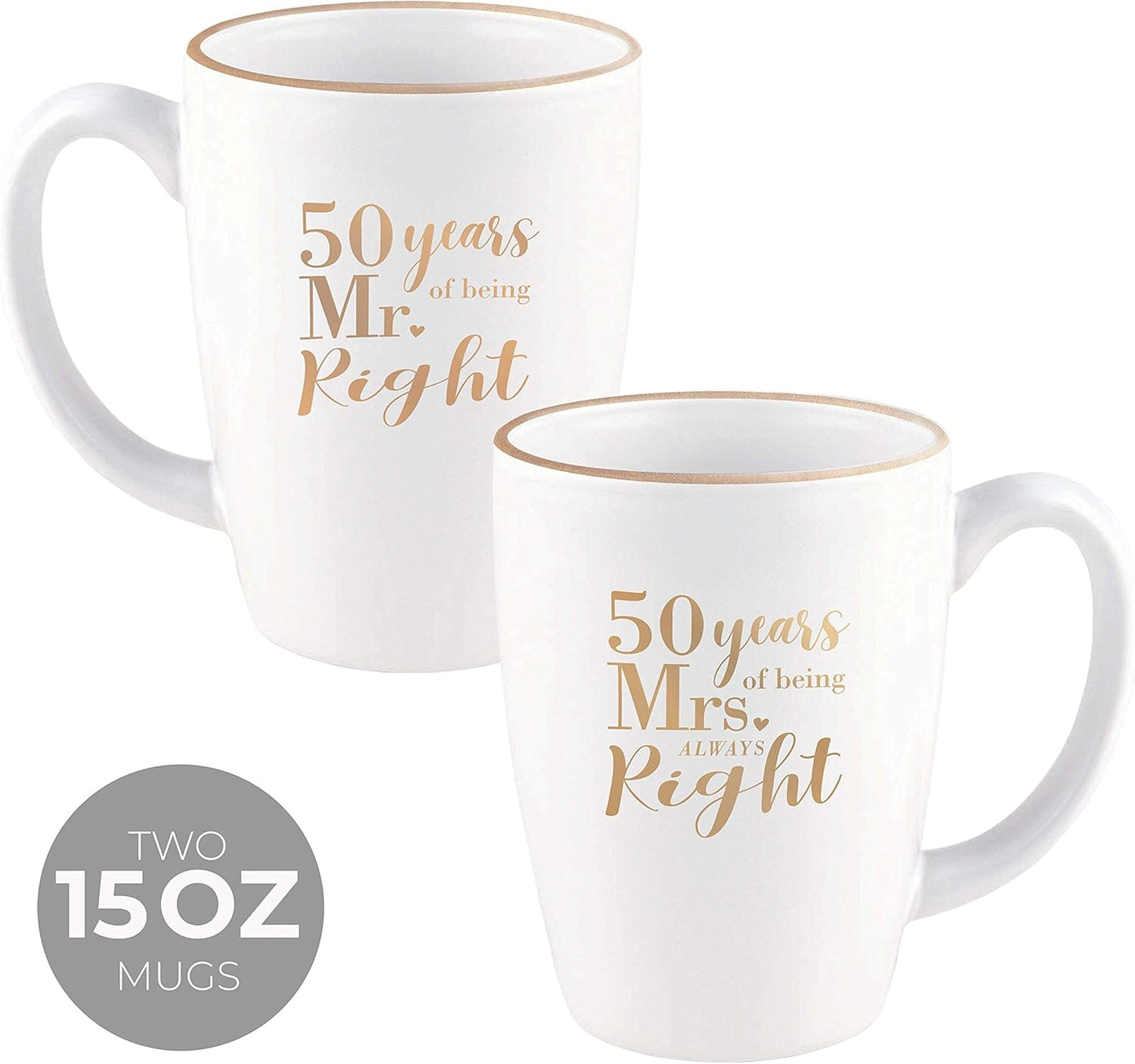 Canopy Street 50th Anniversary Mug Set, Mr. And Mrs. Always Right Coffee Mugs, 15 Ounce