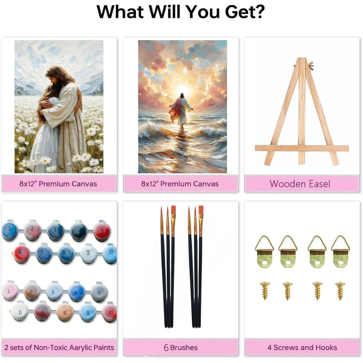 2 Pack Paint by Numbers Kit for Adults - Wooden Easel, Jesus Paint by Numbers with Frame, Christianity Adult Painting by Number Kits on Canvas, Easy Oil Painting Arts Gift Wall Decor 8x12inch