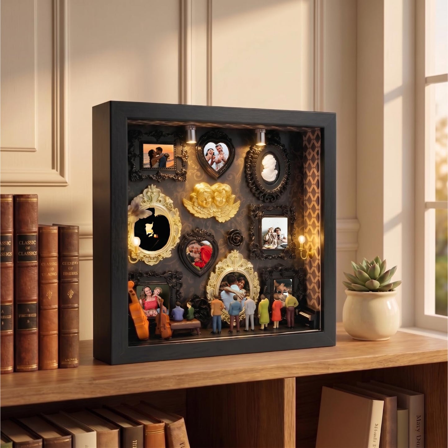 YXESO DIY Mini Museum Silhouette Box for Mother's Day, Shadow Box Frame with Gold Mini Picture Frames & People Figurines for Anniversary, Home Decor